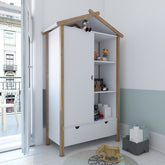 TPFLiving Kleiderschrank Malmö in Hausform - 1 Tür, 3 offene Fächer, 1 Schublade